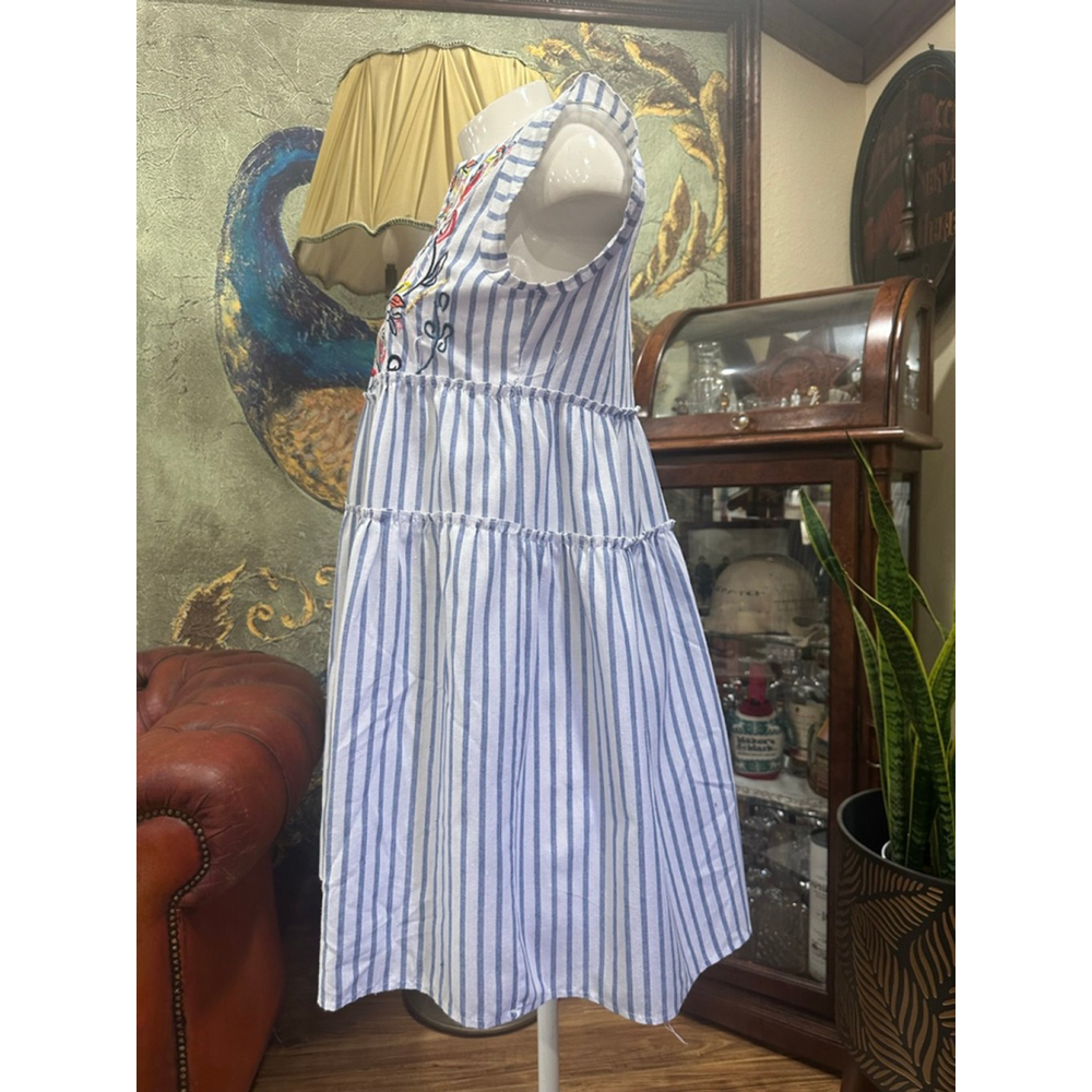 Handmade Coastal Dress Blue White Stripe Cotton Floral - Picture 5 of 12